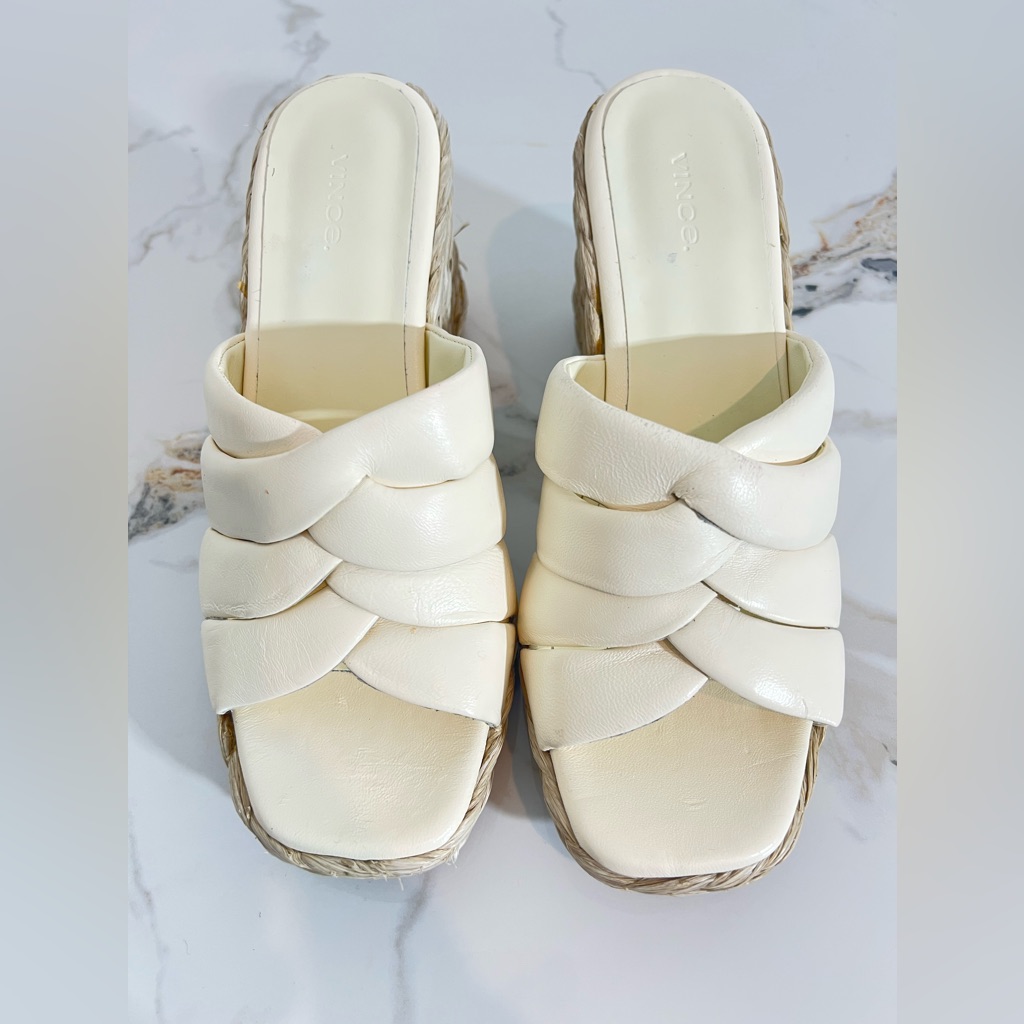 Vince Gilian Leather Wedge Sandals Marble Cream Womens Size 8m